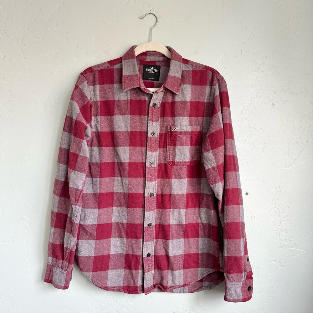 Hollister Men Red Gray Plaid Flannel Button-Down Shirt Pocket Logo Large EUC